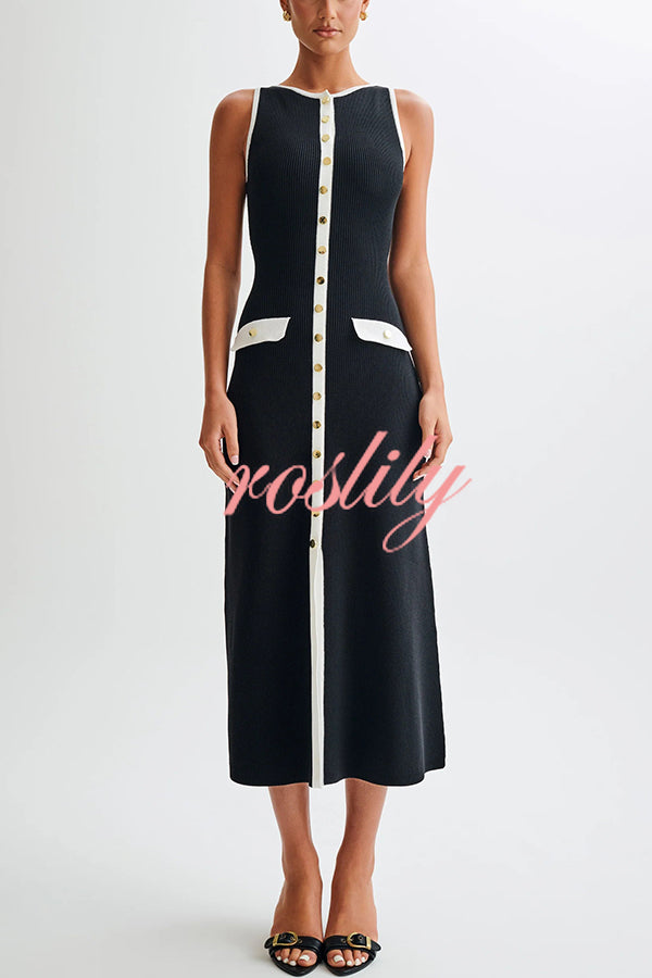 Elegant Slim Fit Crew Neck Buttoned Sleeveless Knit Midi Dress