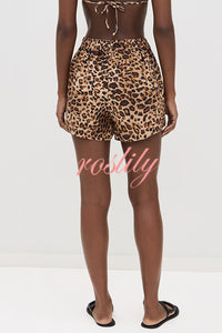 Trisha Linen Blend Leopard Print Long Sleeve Blouse and Elastic Waist Pocket Loose Shorts Set