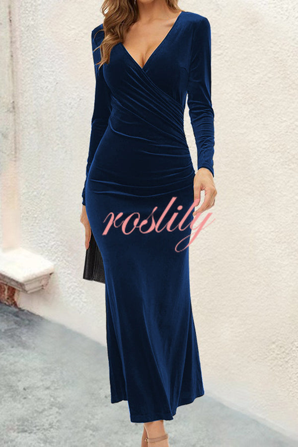 Solid Color Velvet Long Sleeve V-neck Slim Fit Fishtail Maxi Dress