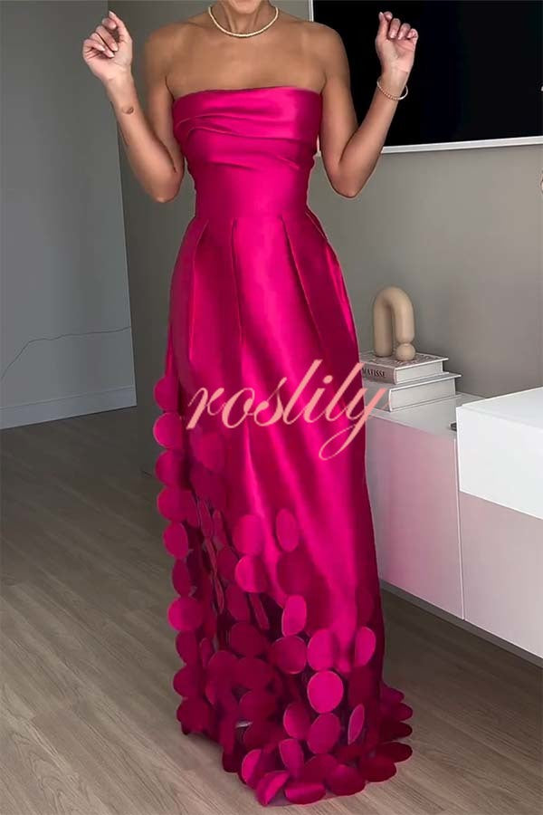 Luxurious Poise Satin Spliced mesh Polka-dot Fabric Off Shoulder Formal Maxi Dress