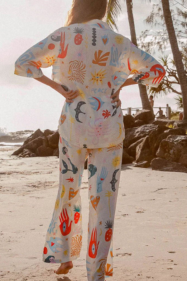 Abstract Sea Creature Print Button Pockets Elastic Waist Pant Suit