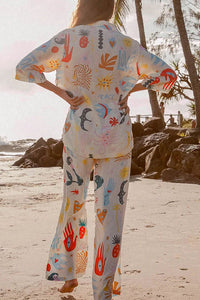 Abstract Sea Creature Print Button Pockets Elastic Waist Pant Suit