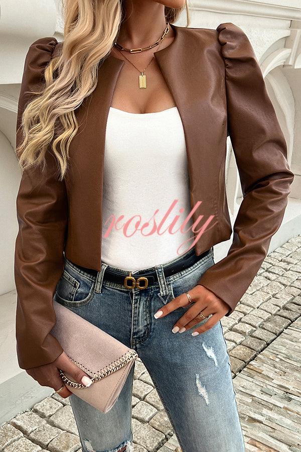 Yelissa Faux Leather Statement Long Sleeve Open Front Crop Jacket