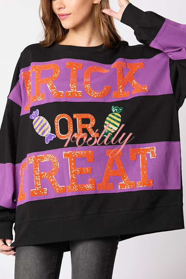 Halloween Letter Sequined Color Block Loose Casual Sweatshirt