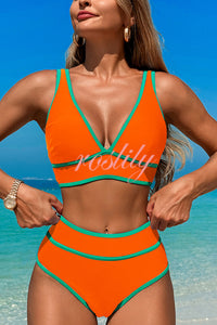 Solid Color Contrast High Waist Stretch Bikini Swimsuit