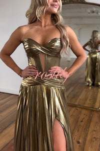 Dazzling Metallic Fabric Cross Strapless Cutout Slit Pleated Maxi Dress