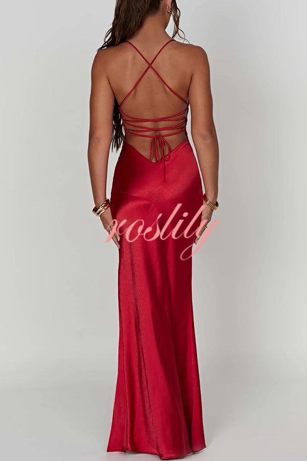 Satin Solid Color Sexy Backless Lace Up High Slit Maxi Dress