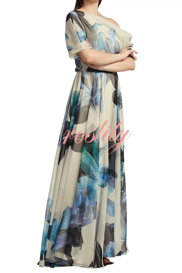 Unique Printed Bohemian Short-sleeved One-shoulder Maxi Dress