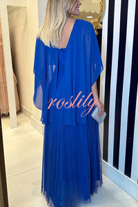 Ready for Holiday Cape Sleeve Tie-up Pleated Maxi Dress