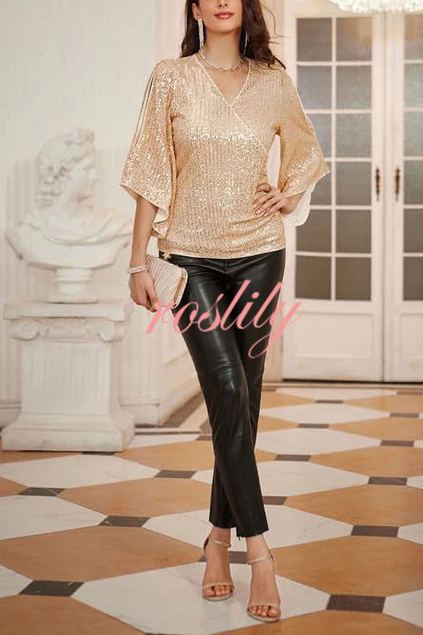 Solid Color Sequined V-neck Hollow Sleeve Slim Fit Top