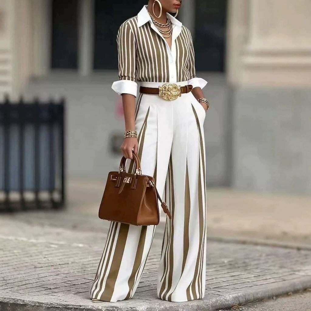 Elegant Striped Shirt & Wide Leg Pants Set