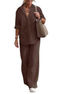 Solid Color Casual Long-sleeved Shirt and Elastic Waisted Loose Wide-leg Pants Set