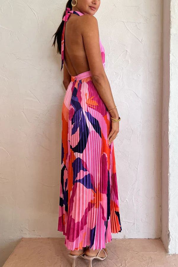 Romantic One Capri Print Halter Neck Pleated Maxi Dress