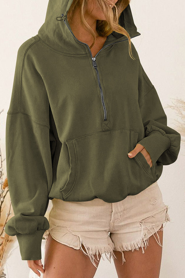 Front Pocket Zip Drawstring Long Sleeve Hoodie