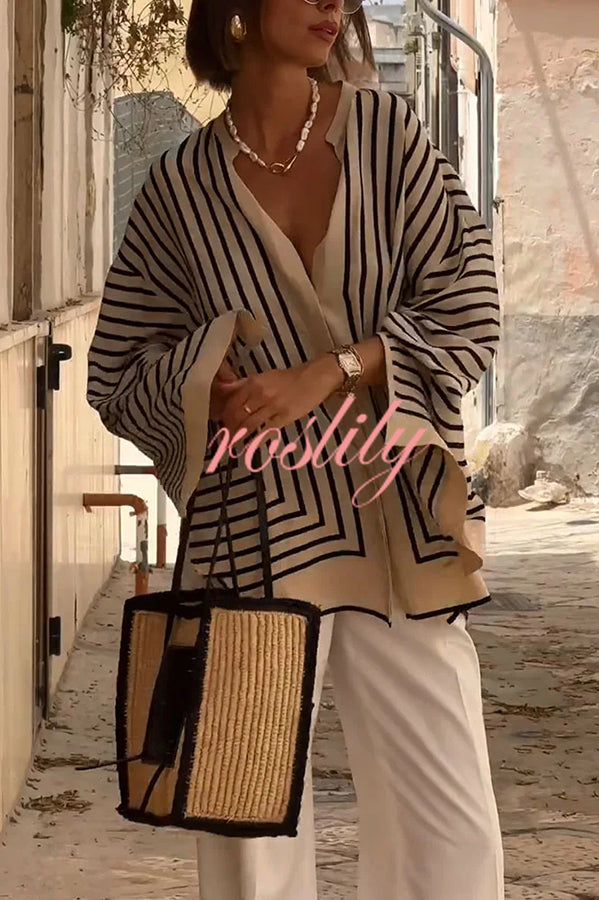 Comfortable and Effortless Striped Long Slit Sleeve Button Relaxed Loose Blouse