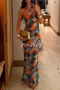 Little Mermaid Colorful Scales Print Halter Maxi Dress