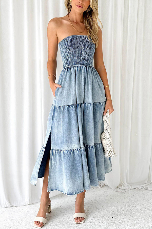 Asmn Off Shoulder Pleated Paneled Denim Maxi Dress