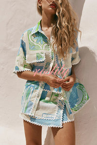 Pierre Linen Blend Ric Rac Trims Unique Print Short Sleeve Shirt and Wrap Tie-up Mini Skirt Set