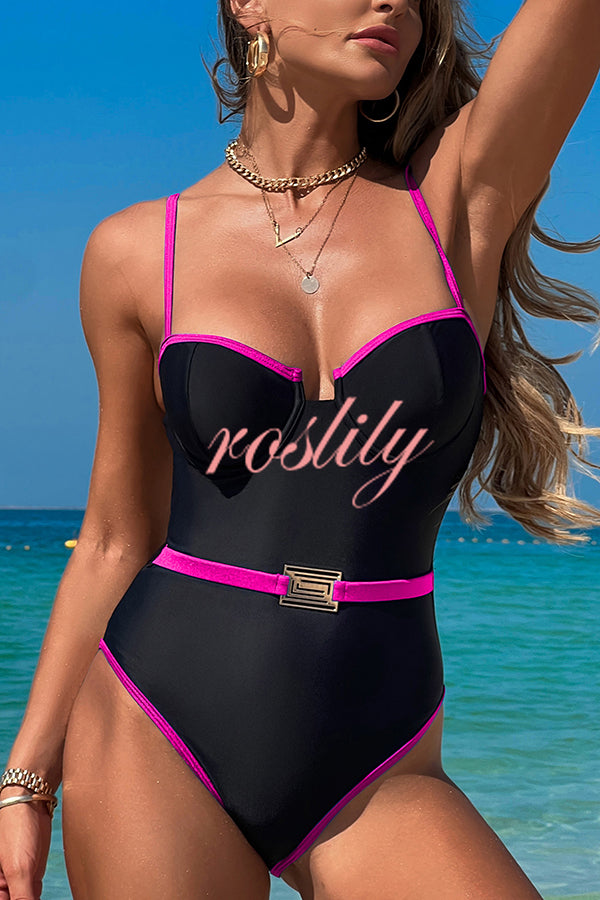 Fashionable Contrast-color Overlock Stretch One-piece Swimsuit