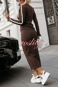 Stylish Paneled Long Sleeve Crew Neck Top and Elastic Waist Slit Midi Skirt Set