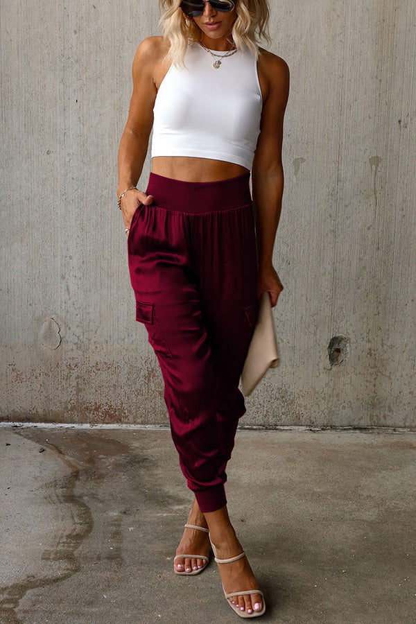 Luxe Look Satin High Waist Pocketed Joggers