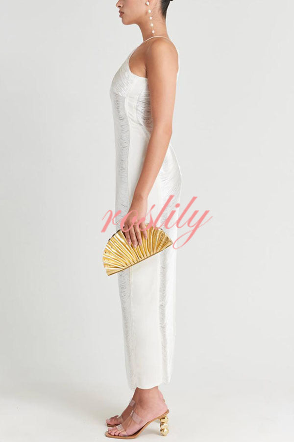 Sexy Allnight Metallic Halterneck Backless Fringed Slit Maxi Dress