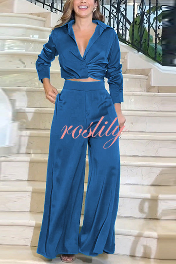 Satin Solid Color Lapel Long Sleeve Blouse and Loose-fitting Pocket Wide Leg Pants Set