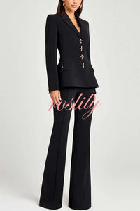 Women Power Metal Cross Snap Button Long Sleeve Lapel Blazer