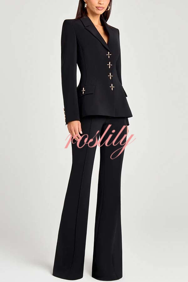 Women Power Metal Cross Snap Button Long Sleeve Lapel Blazer