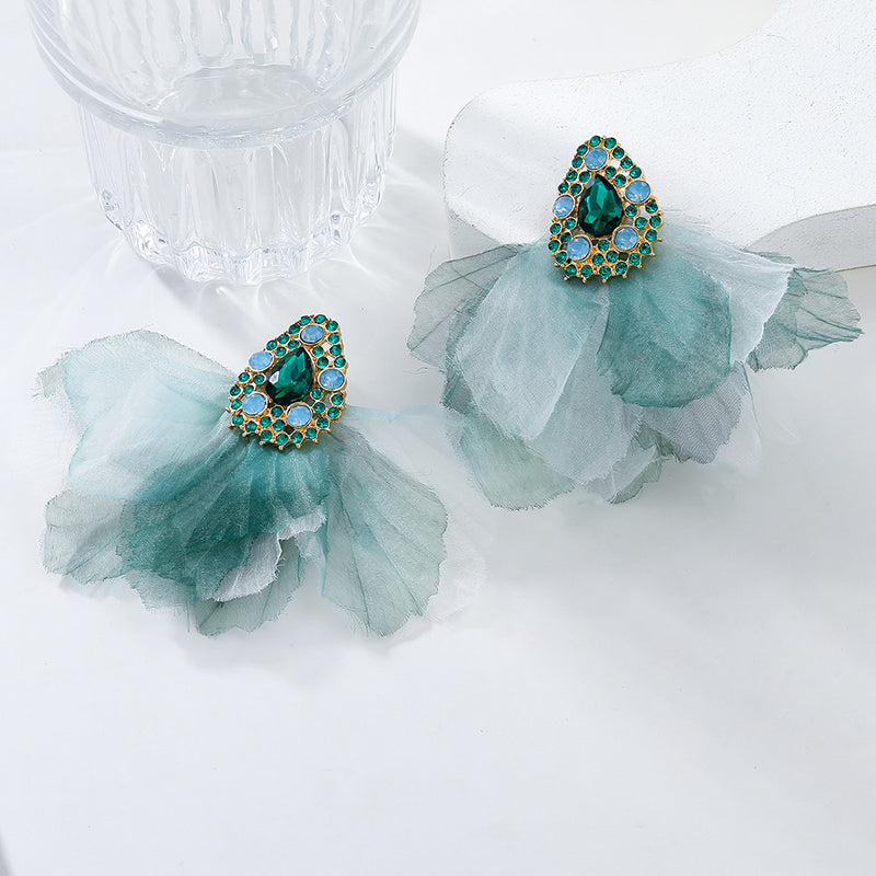 Bohemian Drop-shaped Diamond Fabric Floral Earrings