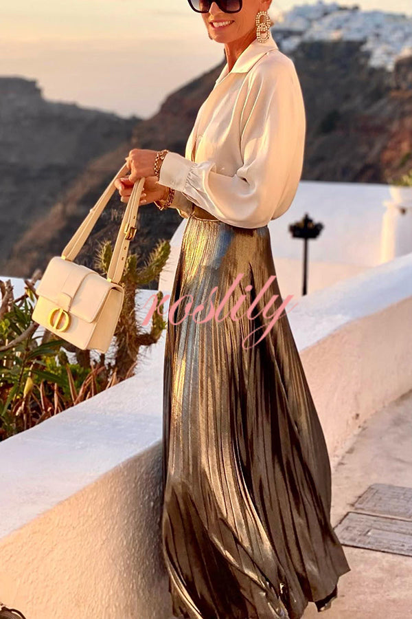 Fashionable Metallic Pleated Back Elastic Waist Maxi Skirt