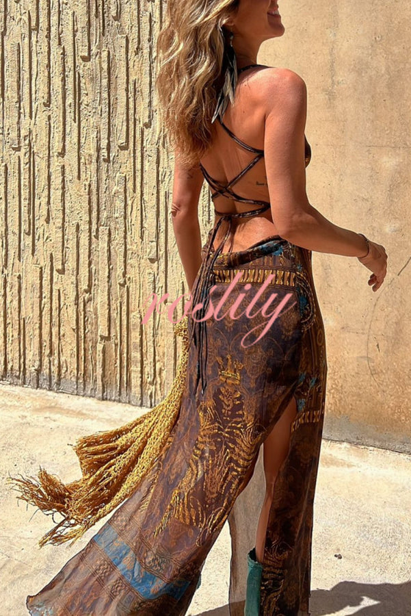 Gypsy Style Unique Print Cowl Neck Back Lace-up Slit Midi Dress