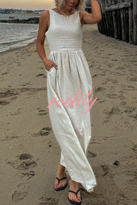 Relaxed and Comfortable Linen Blend Boat Neck Pocketed Loose Maxi Dress