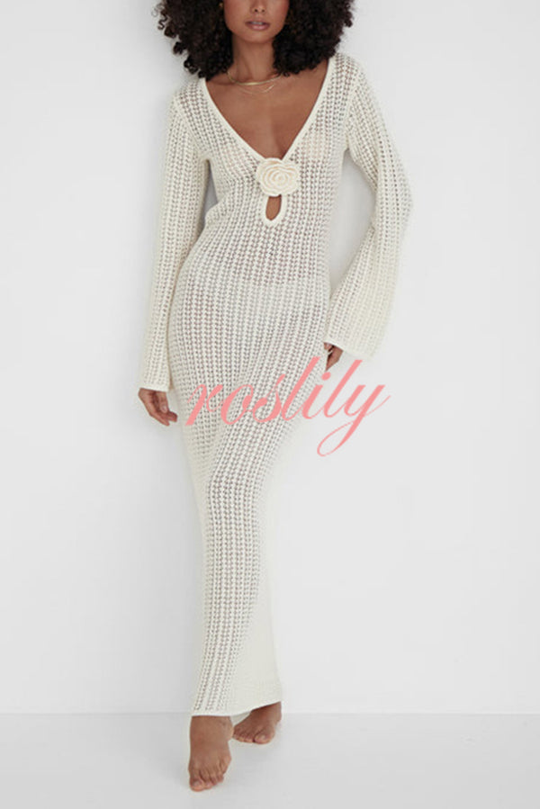 Bahamas Knit Long Bell Sleeve Sexy Backless Holiday Cover-up Maxi Dress