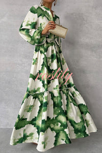 Unique Printed V-neck Long Sleeve Waist Tie-down Maxi Dress