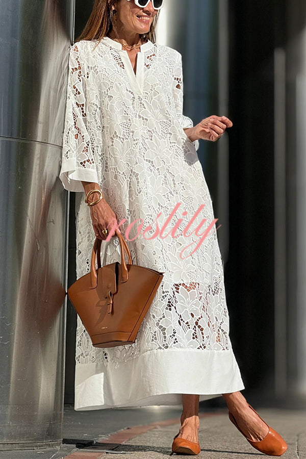 Confidence and Adventure Flower Lace V-neck Bell Sleeve Loose Midi Dress