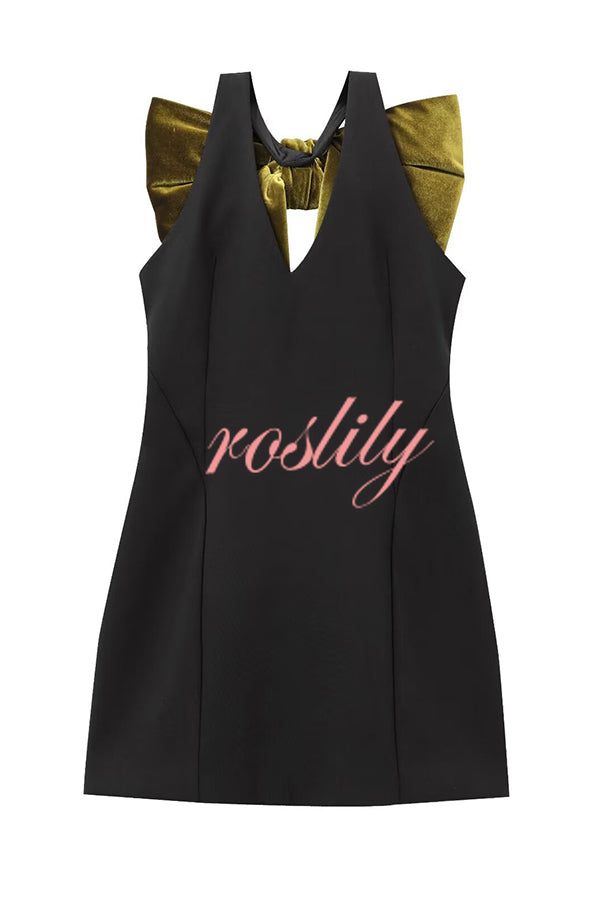 Sweet Party Contrast Back Velvet Bow Detail Mini Dress