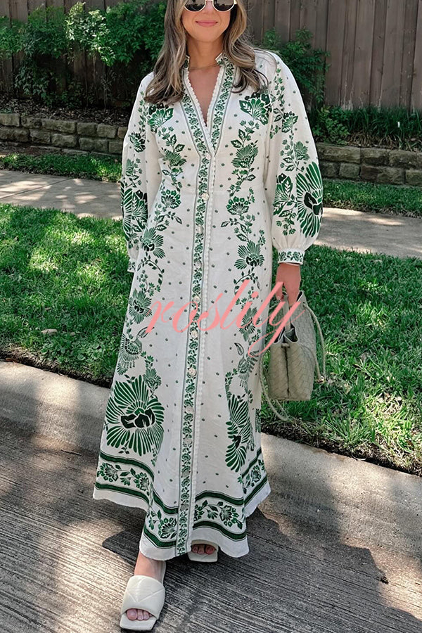 Forest Soul Unique Print Button Down Long Sleeve Shirt Maxi Dress