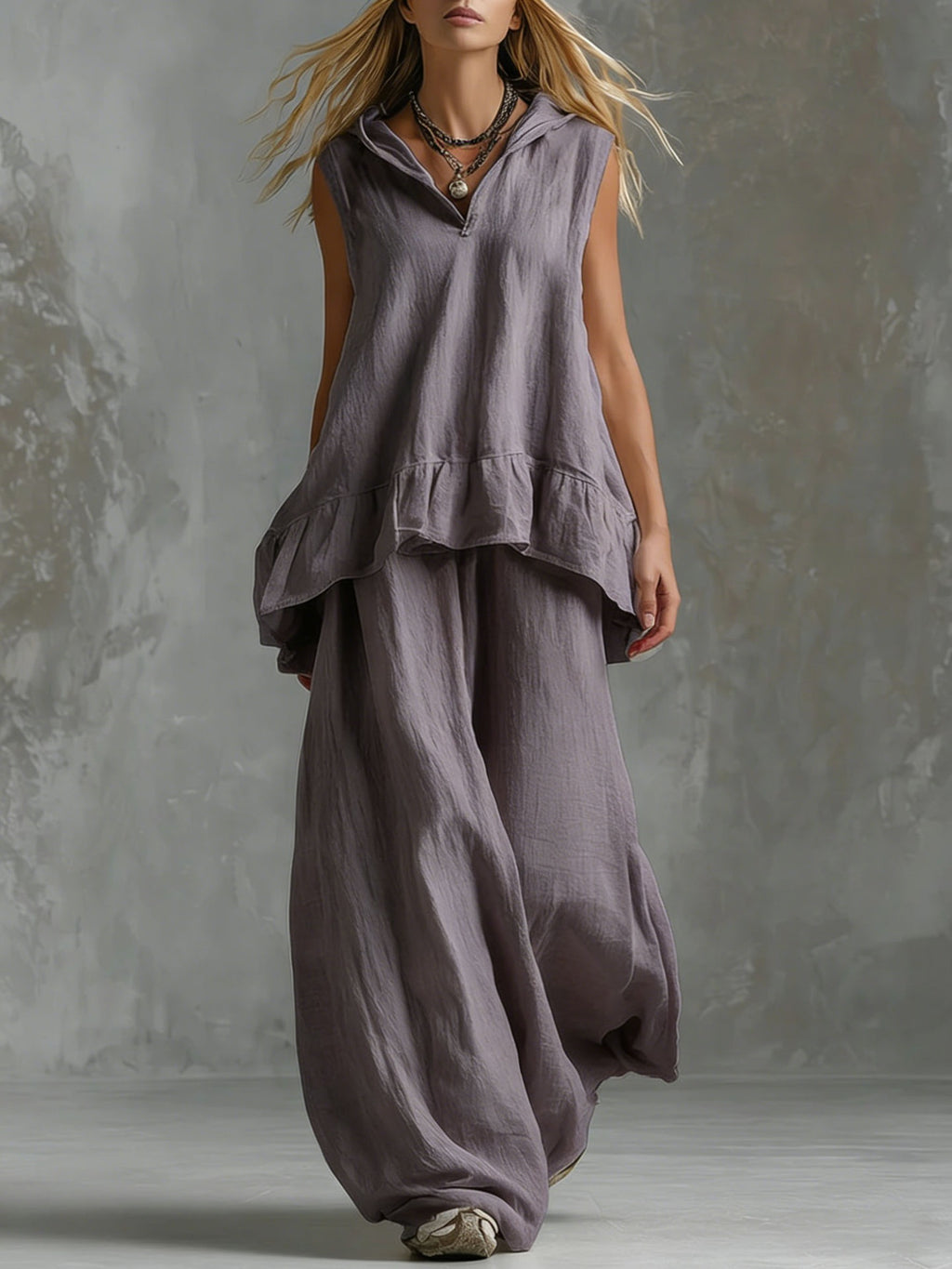 Boho Linen Hooded Two-Piece Outfit - Flowy Ruffle Top & Wide Leg Pants
