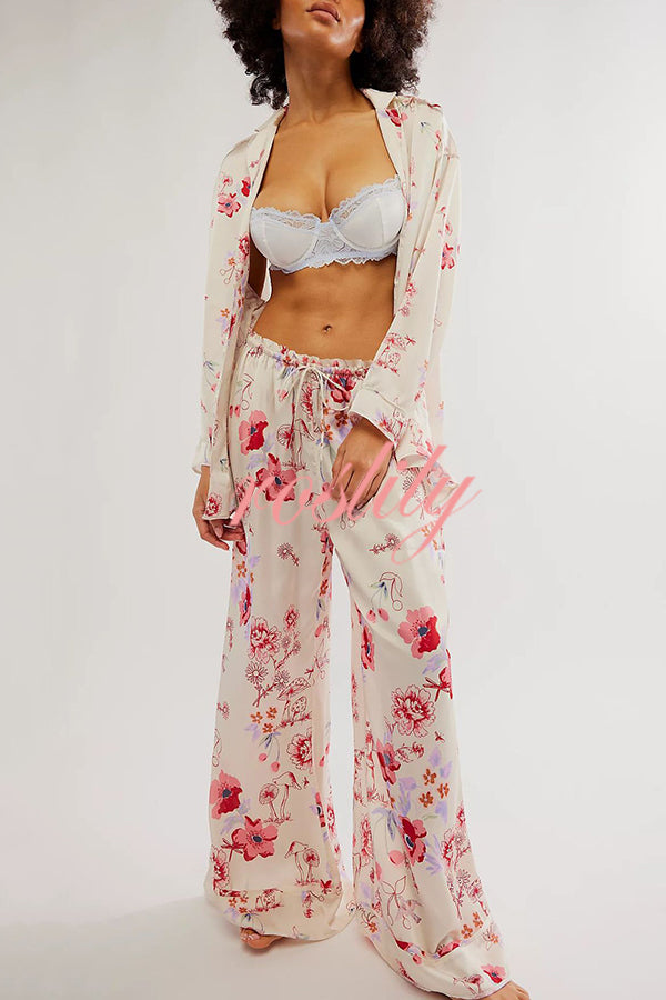 Unique Printed Lounge Long-sleeved Shirt and Elastic Waisted Baggy Pants Set