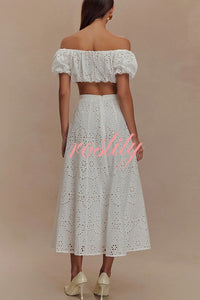 Arla Embroidered Lace Hollow Off Shoulder Bubble Crop Top
