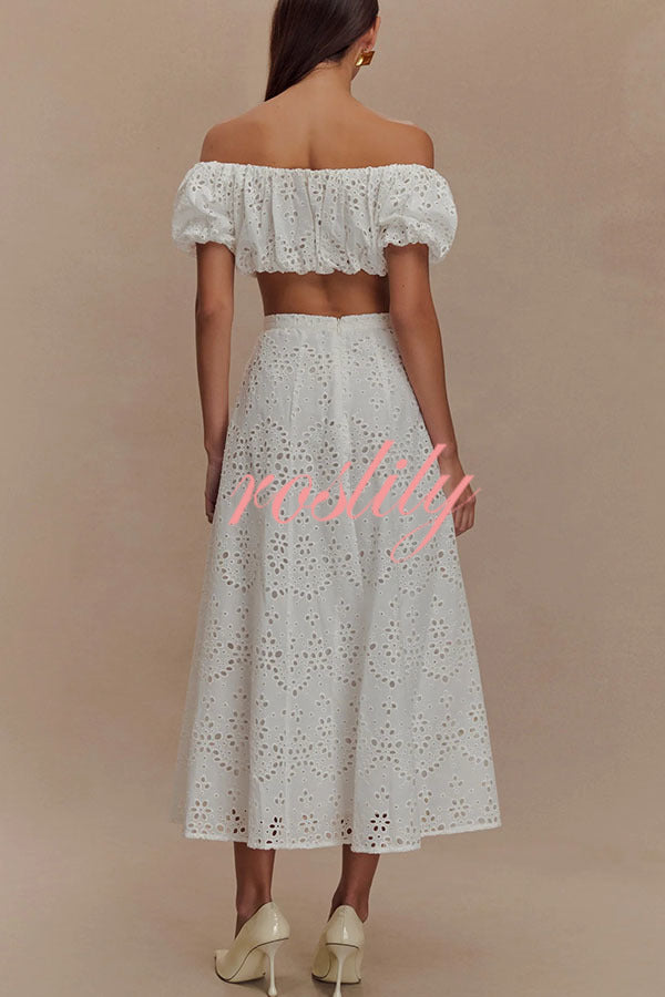 Arla Embroidered Lace Hollow Off Shoulder Bubble Crop Top