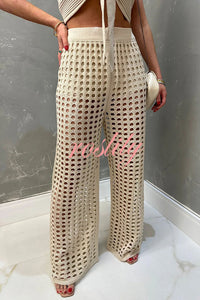 Riley Knit Front Knotted Bandeau and Stretch Hollow Out Wide Leg Pants Set