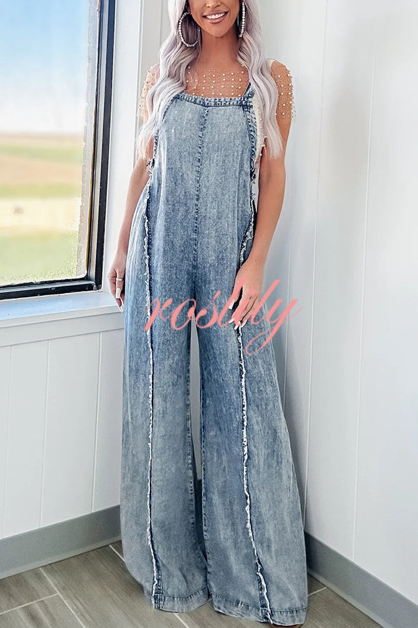 Vintage Washed Denim Raw Edge Elastic Waist Wide Leg Jumpsuit