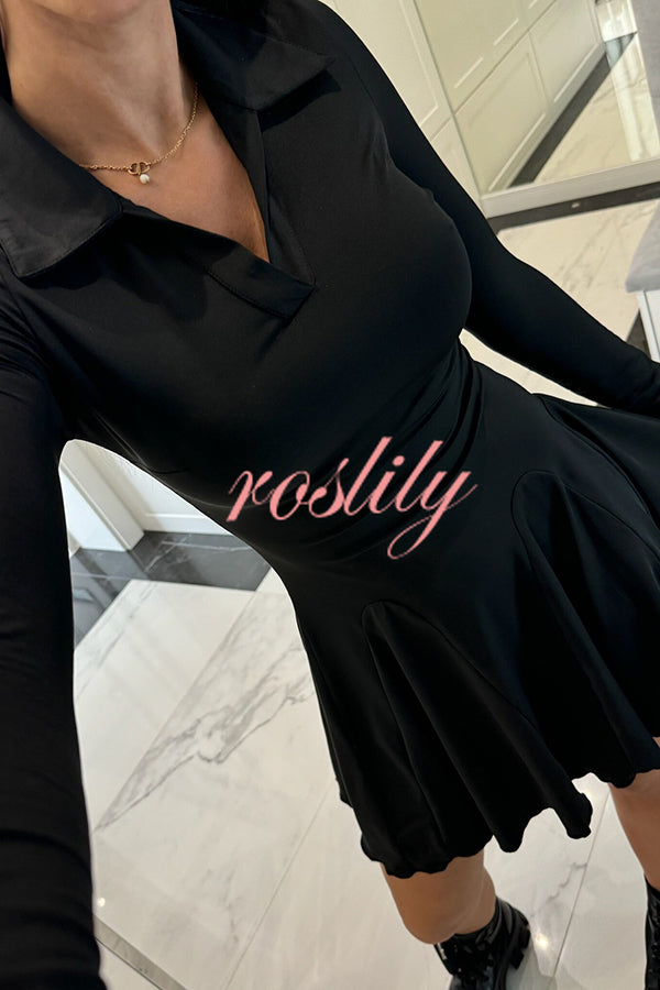 Solid Color Lapel Long Sleeve Slim Fit Waist Mini Dress