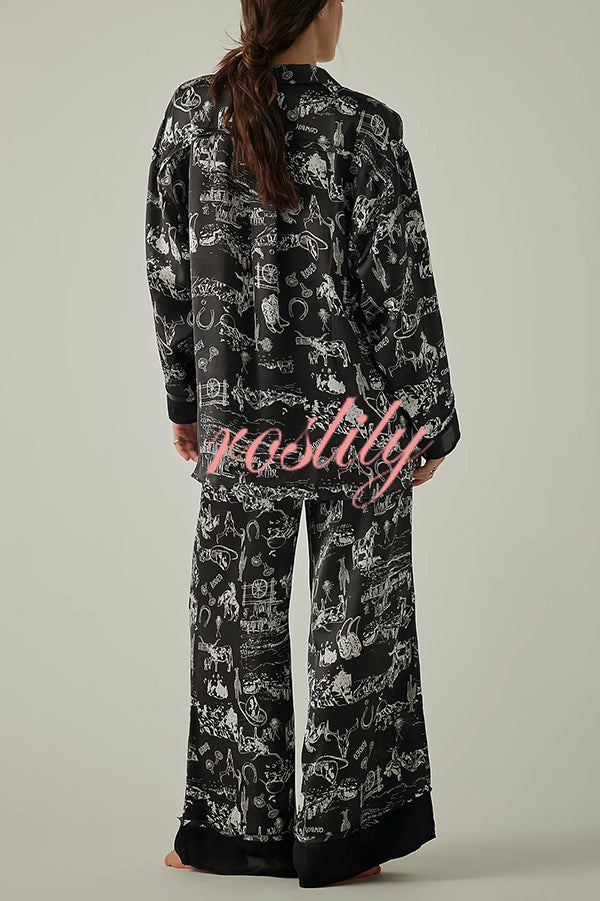 Unique Printed Lounge Long-sleeved Shirt and Elastic Waisted Baggy Pants Set