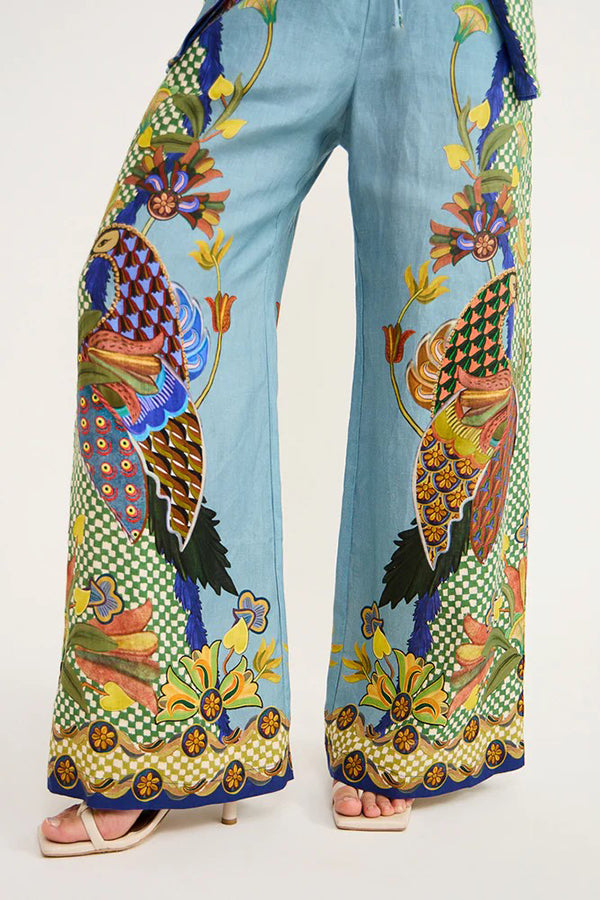 Smyrna Unique Heaven Bird Print Elastic Waist Pocketed Wide Leg Pants