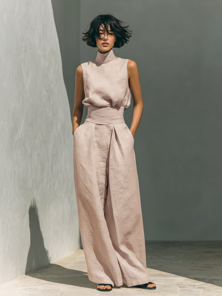 Minimalist Cotton And Linen Sleeveless Blouse And Wide-leg Pants Set