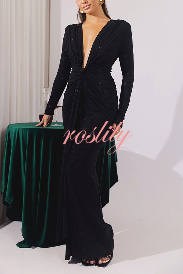 Solid Color Shiny Sexy V-neck Long Sleeve Ribbon Slit Slim Fit Maxi Dress