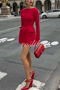 Budding Elegance Bow Detail Boat Neck Long Sleeve Mini Dress